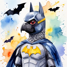 watercolor painting of african grey parrot bird as batman, wearing batman suit and mask, vibrant and detailed.