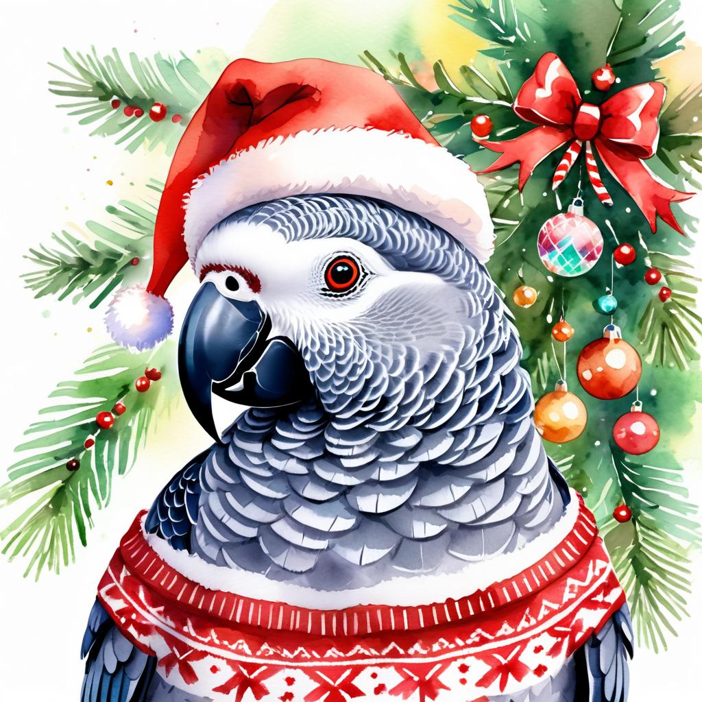 watercolor painting of african grey parrot bird in a christmas sweater and santa hat, festive and vibrant.