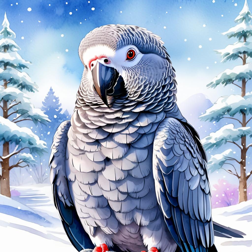 watercolor painting of african grey parrot bird in a beautiful winter scene, wearing stylish winter clothing, looking cute and happy.