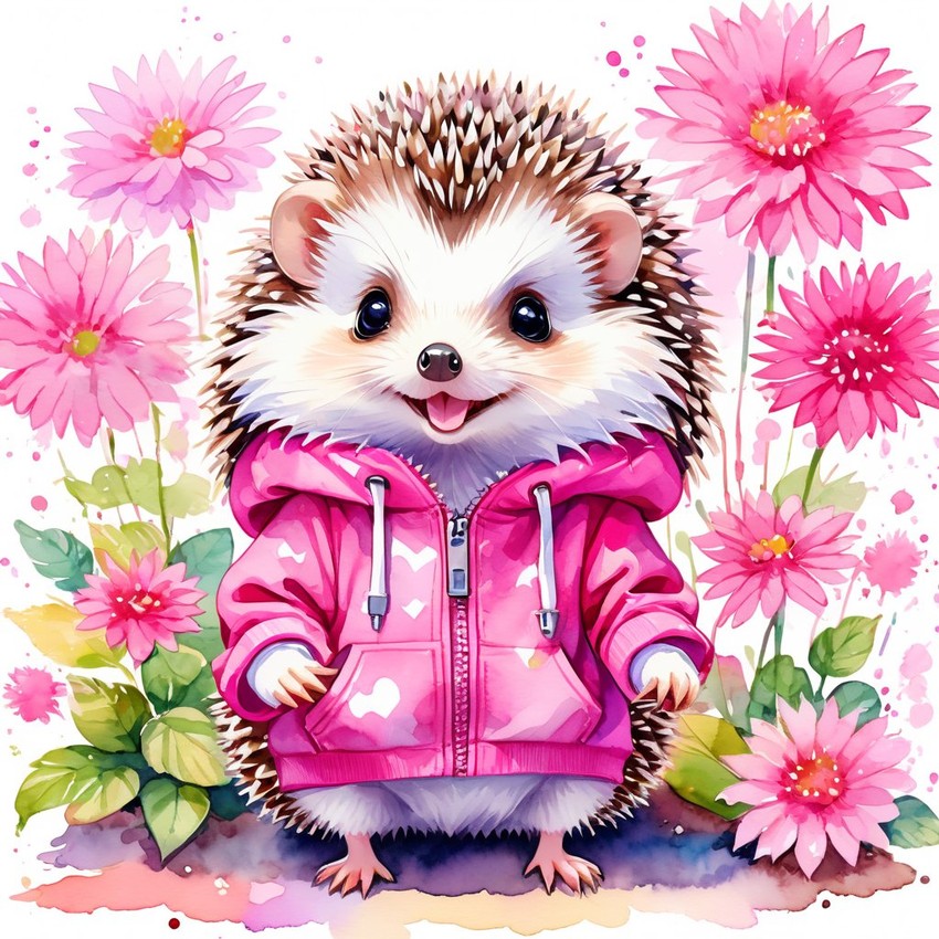 watercolor illustration of african pygmy hedgehog in pink clothing, set in a beautiful pink scene, looking happy and vibrant.