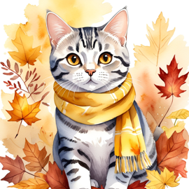 watercolor painting of american shorthair cat in autumn, wearing a yellow scarf, vibrant and detailed.