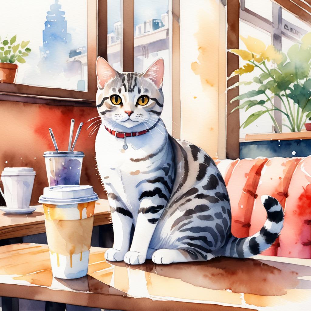 watercolor painting of american shorthair cat sitting in a cozy coffee shop, vibrant and detailed.