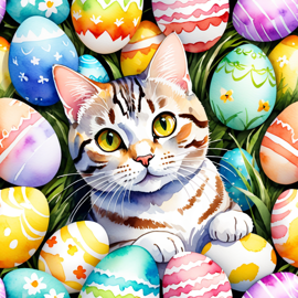 watercolor painting of american shorthair cat in a vibrant easter scene with colorful eggs, highly detailed and joyful.