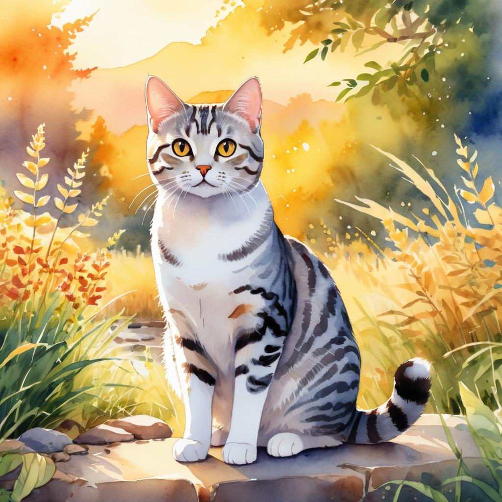 watercolor painting of american shorthair cat in golden hour light, showcasing vibrant colors and a happy nature scene in a highly detailed illustration.