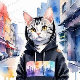 watercolor painting of american shorthair cat in a black hoodie, showcasing a vibrant urban environment with a cute and happy appearance.