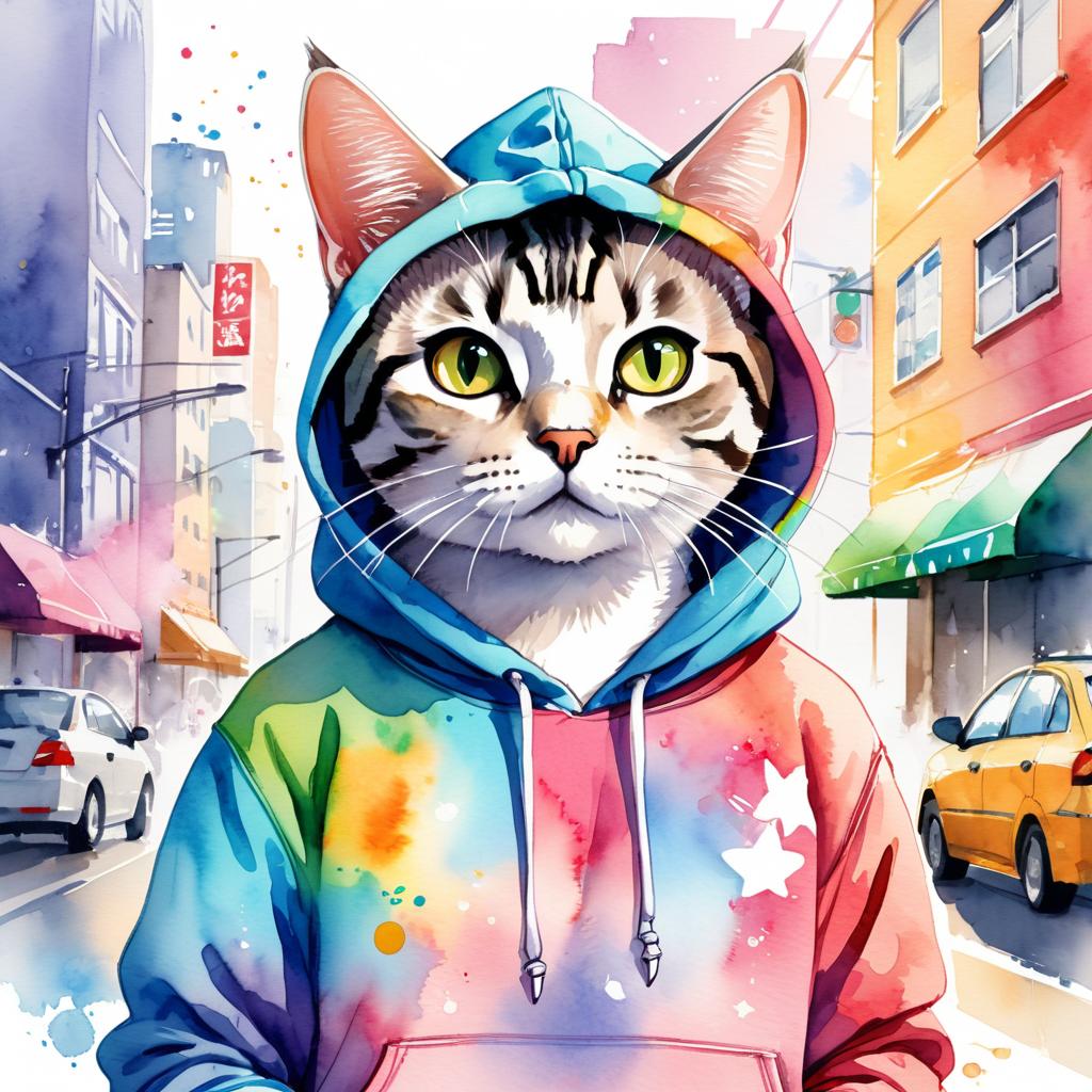 watercolor painting of american shorthair cat in a colorful hoodie, set in a vibrant urban setting, capturing a detailed and happy mood.