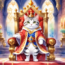 watercolor painting of american shorthair cat as a king in a magical castle, wearing a crown and robe, seated on a throne.