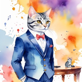 watercolor painting of american shorthair cat in a classy suit on a fashion stage, capturing elegance and charm in a vibrant, highly detailed illustration.