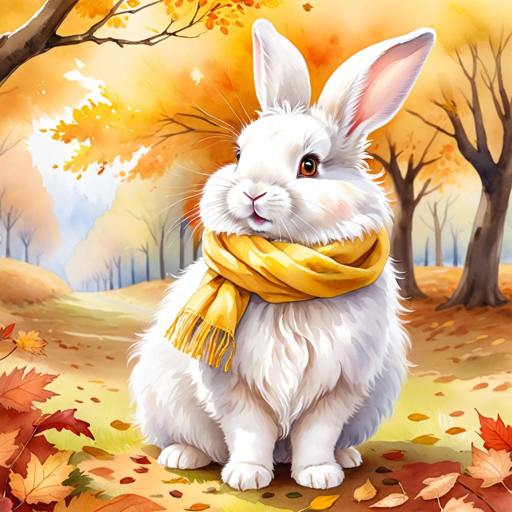 watercolor painting of english angora rabbit in autumn, wearing a yellow scarf, vibrant and detailed.