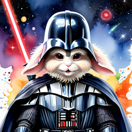 watercolor painting of english angora rabbit as darth vader from star wars, dressed as darth vader in a vibrant star wars scene.