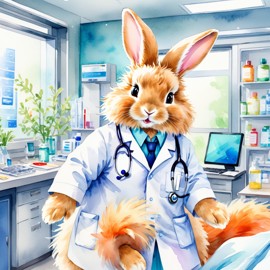 watercolor painting of english angora rabbit as a doctor in a hospital, vibrant and highly detailed, in a studio anime style.