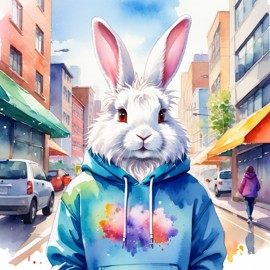 watercolor painting of english angora rabbit in a colorful hoodie, set in a vibrant urban setting, capturing a detailed and happy mood.