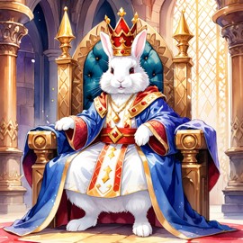 watercolor painting of english angora rabbit as a king in a magical castle, wearing a crown and robe, seated on a throne.