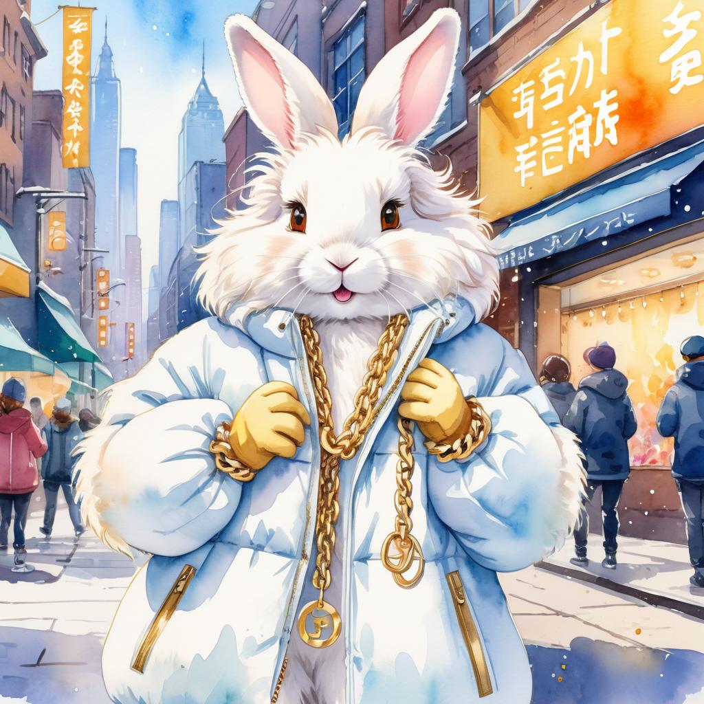 watercolor painting of english angora rabbit in a white puffer coat with golden hip hop chains, set in a posh urban environment.