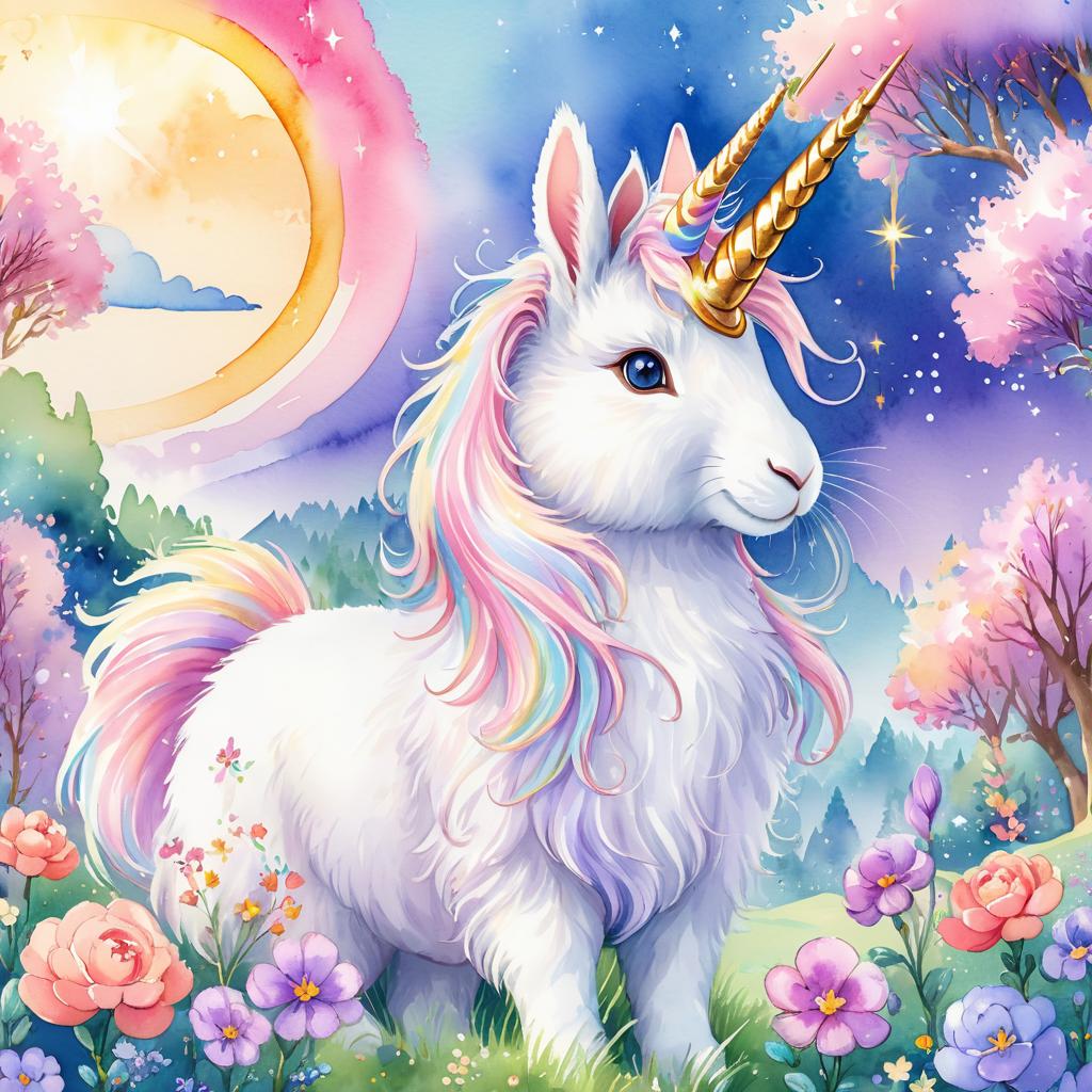 watercolor painting of english angora rabbit as a unicorn in a vibrant fairytale setting, capturing a cute and happy scene with detailed illustration.