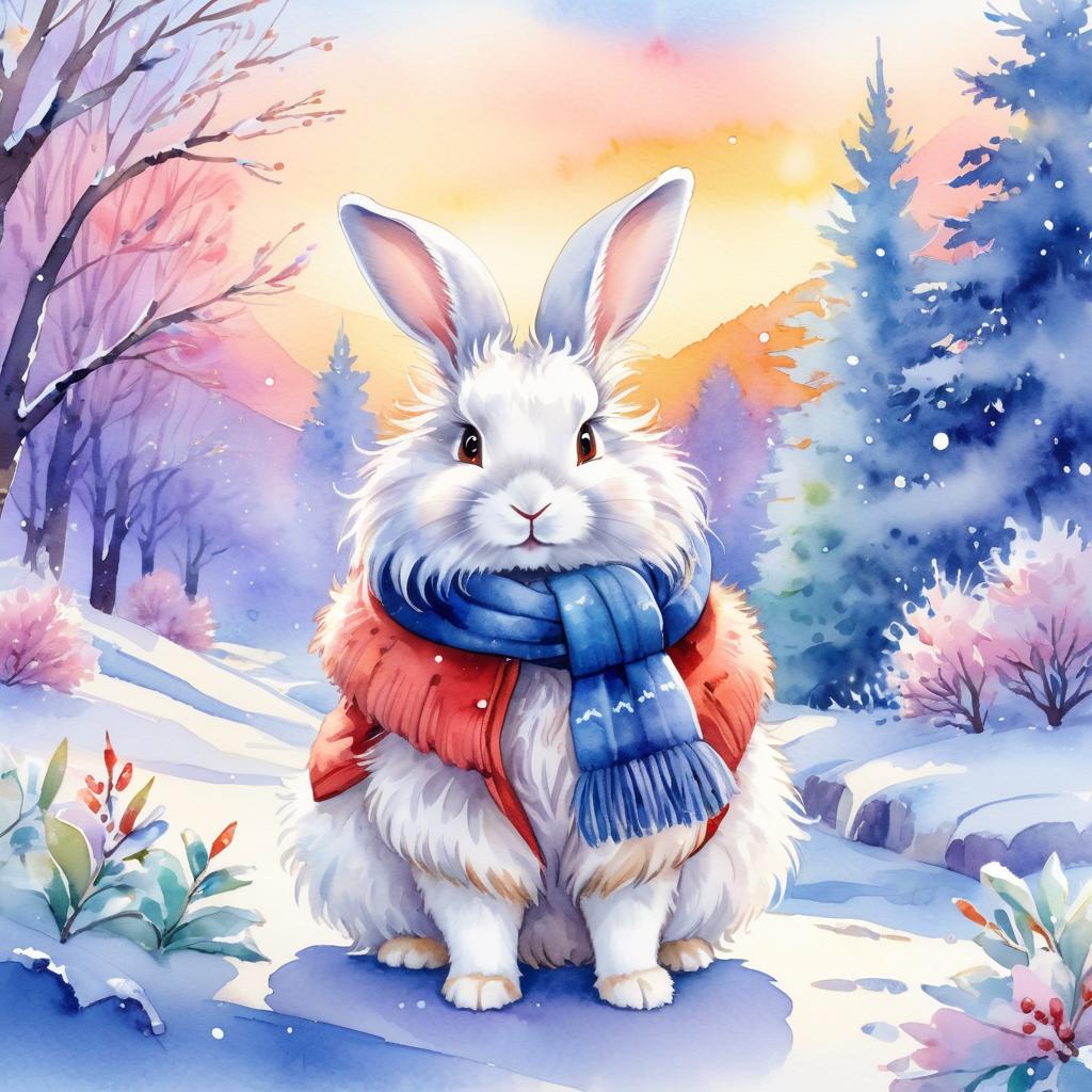 watercolor painting of english angora rabbit in a beautiful winter scene, wearing stylish winter clothing, looking cute and happy.