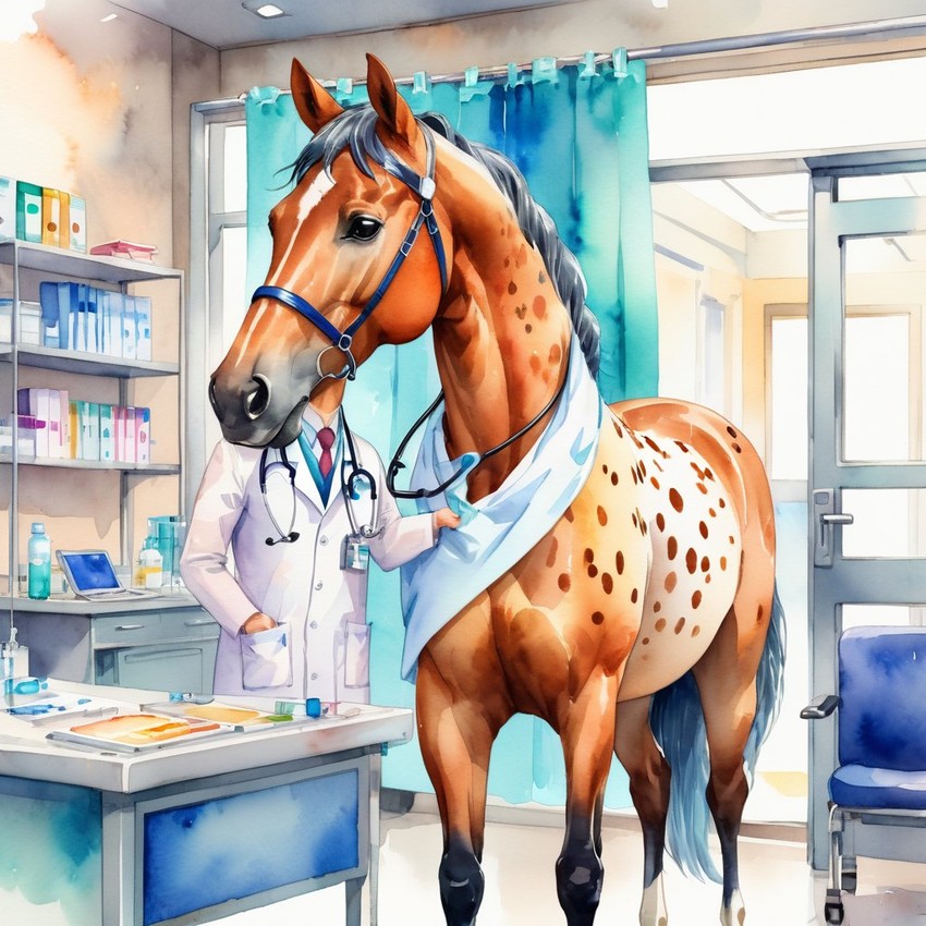 watercolor painting of appaloosa horse as a doctor in a hospital, vibrant and highly detailed, in a studio anime style.