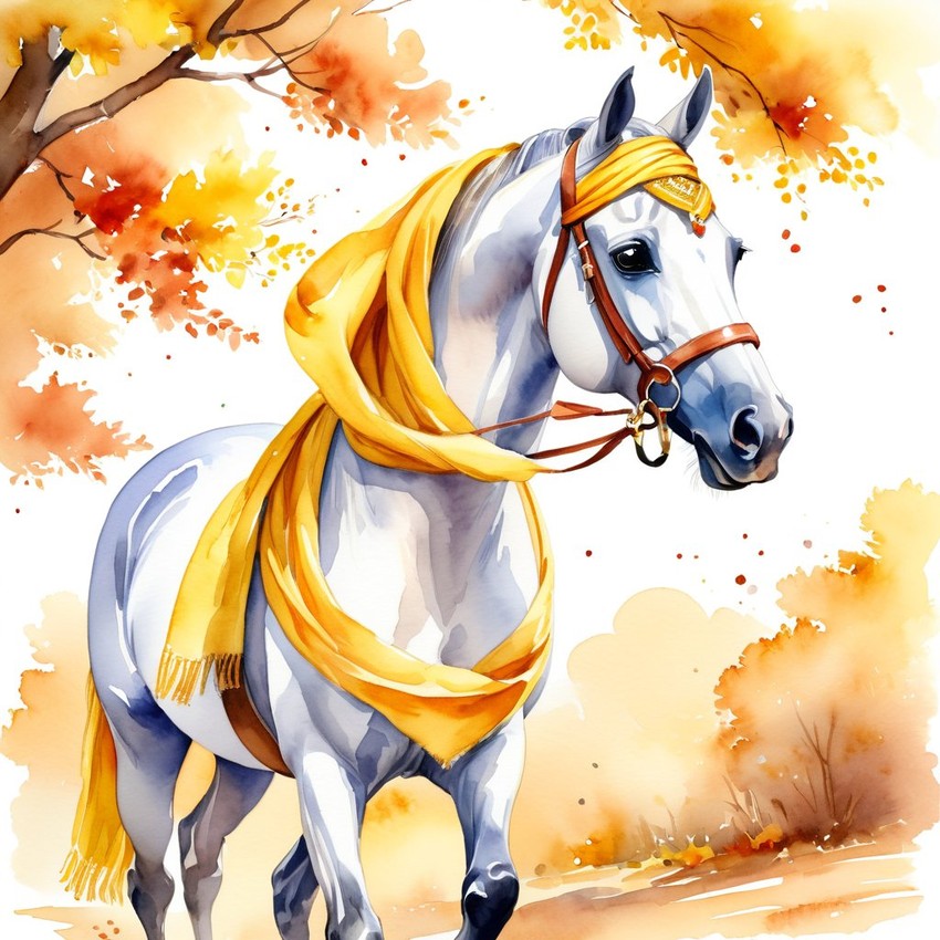 watercolor painting of arabian horse in autumn, wearing a yellow scarf, vibrant and detailed.