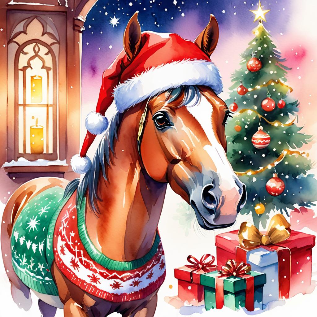 watercolor painting of arabian horse in a christmas sweater and santa hat, festive and vibrant.