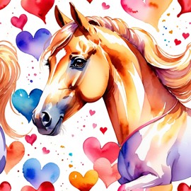 watercolor painting of arabian horse with hearts, capturing a lovely, cute, and happy expression in vibrant, detailed style.