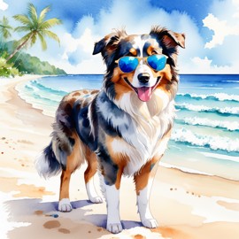 watercolor painting of australian shepherd on a beach with white sand and blue sea, wearing sunglasses.