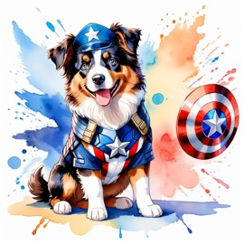 watercolor painting of australian shepherd as captain america from avengers, vibrant and detailed.