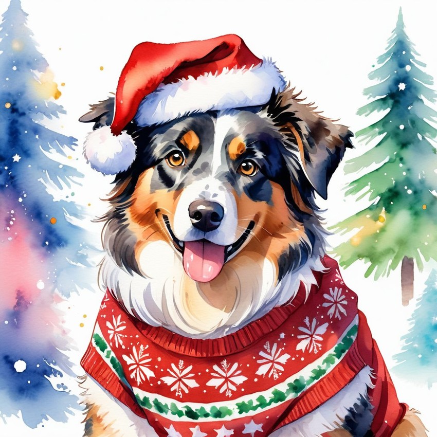 watercolor painting of australian shepherd in a christmas sweater and santa hat, festive and vibrant.