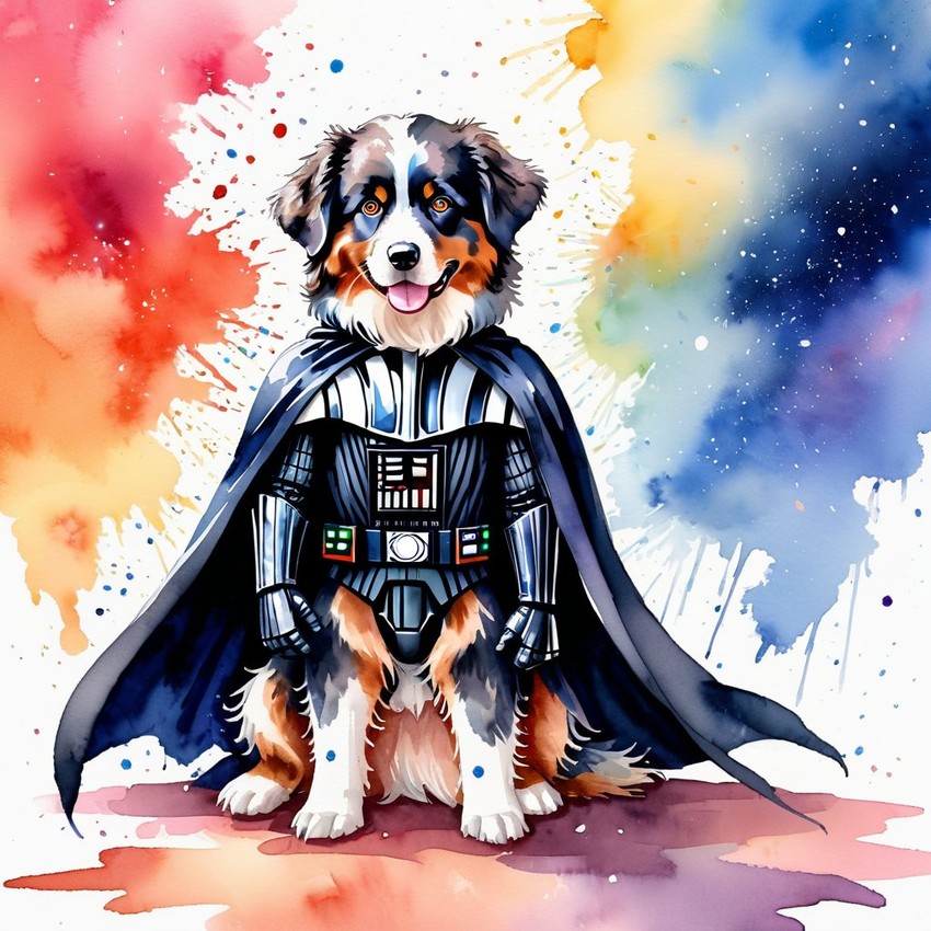 watercolor painting of australian shepherd as darth vader from star wars, dressed as darth vader in a vibrant star wars scene.