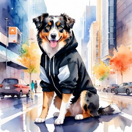 watercolor painting of australian shepherd in a black hoodie, showcasing a vibrant urban environment with a cute and happy appearance.