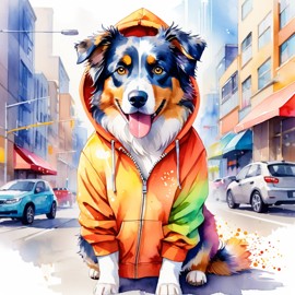 watercolor painting of australian shepherd in a colorful hoodie, set in a vibrant urban setting, capturing a detailed and happy mood.