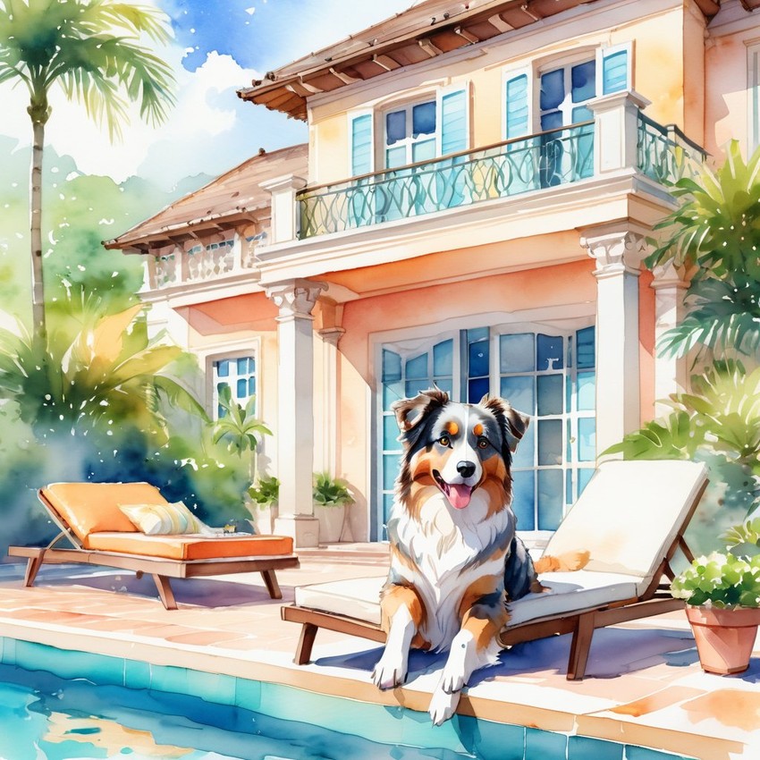 watercolor illustration of australian shepherd suntanning next to a luxurious villa pool, capturing a posh and vibrant scene.