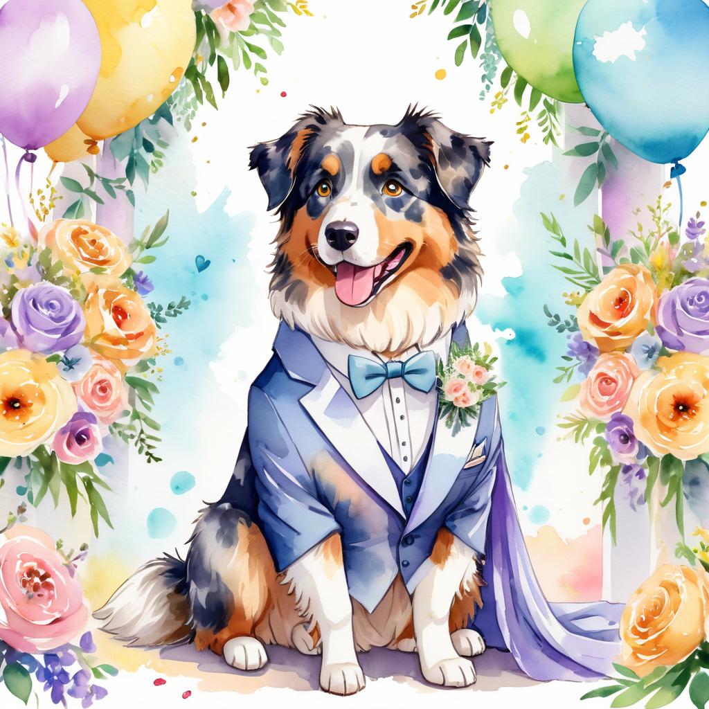 watercolor painting of australian shepherd at a wedding in a beautiful wedding suit, looking cute and happy in a vibrant, detailed style.