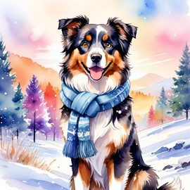 watercolor painting of australian shepherd in a beautiful winter scene, wearing stylish winter clothing, looking cute and happy.