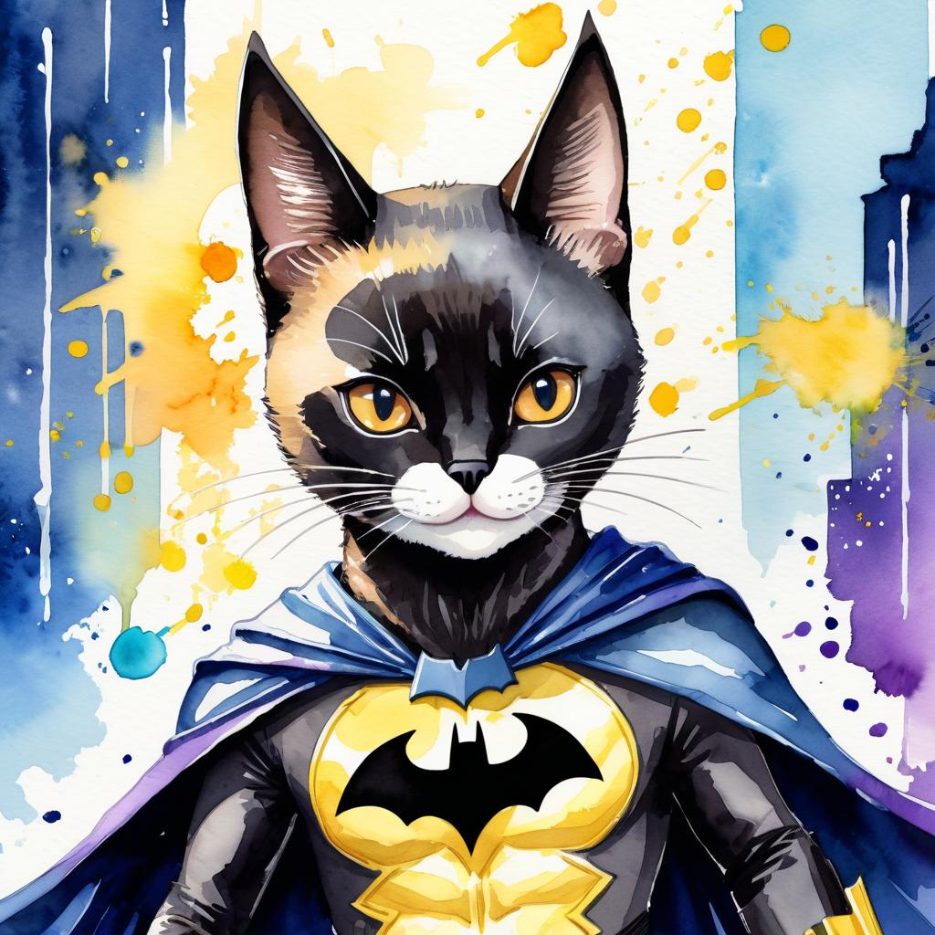 watercolor painting of balinese cat as batman, wearing batman suit and mask, vibrant and detailed.