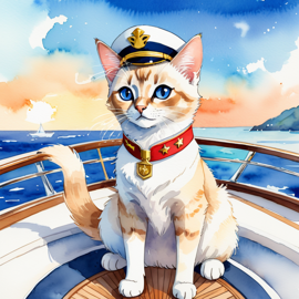 watercolor painting of balinese cat as a captain on a luxury yacht, wearing captain uniform, vibrant and detailed.