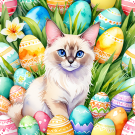 watercolor painting of balinese cat in a vibrant easter scene with colorful eggs, highly detailed and joyful.