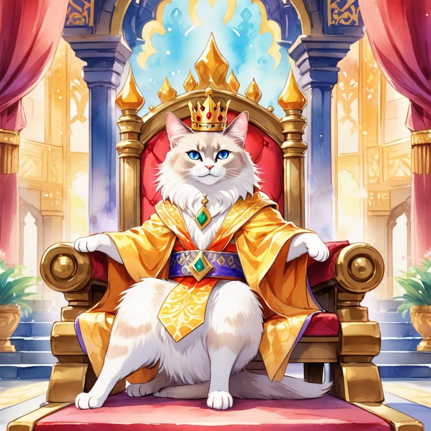 watercolor painting of balinese cat as a king in a magical castle, wearing a crown and robe, seated on a throne.