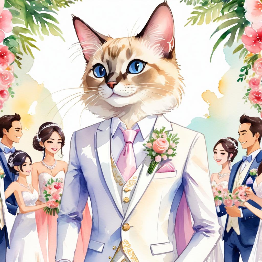 watercolor painting of balinese cat at a wedding in a beautiful wedding suit, looking cute and happy in a vibrant, detailed style.