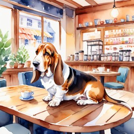 watercolor painting of basset hound sitting in a cozy coffee shop, vibrant and detailed.