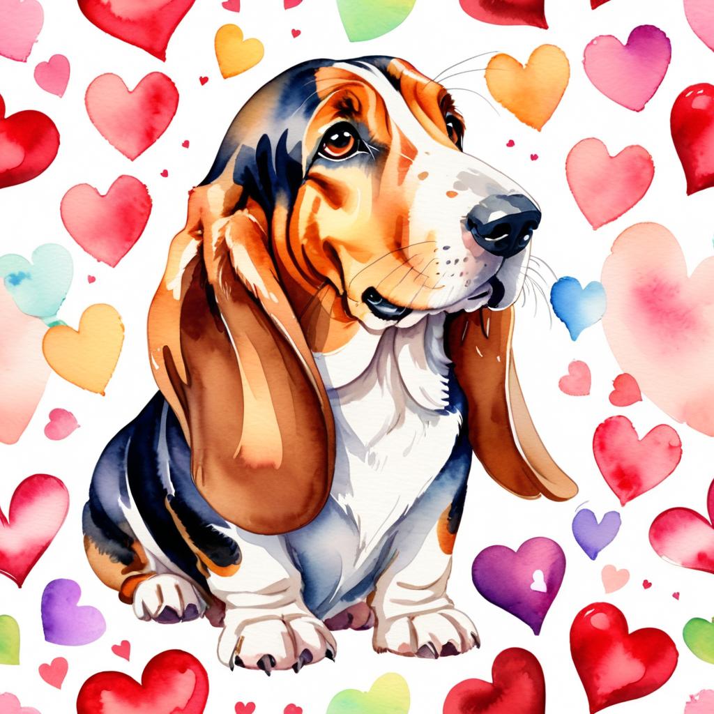 watercolor painting of basset hound with hearts, capturing a lovely, cute, and happy expression in vibrant, detailed style.