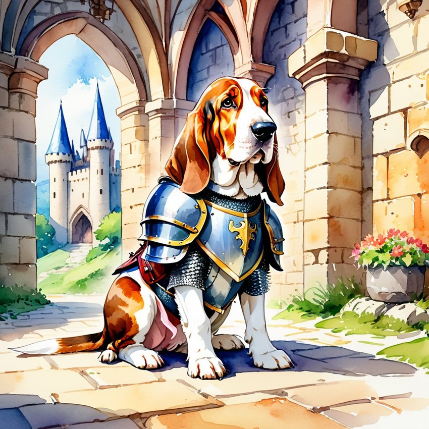 watercolor painting of basset hound as a medieval knight in a vibrant, detailed castle scene.