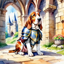 watercolor-basset-hound-medieval-knight-castle-dff1c62306424e09a1387e9f6ea70039