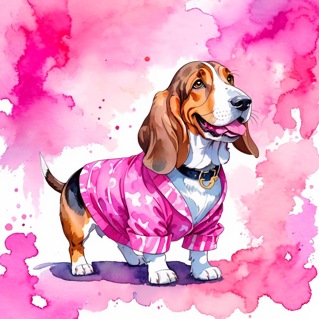 watercolor illustration of basset hound in pink clothing, set in a beautiful pink scene, looking happy and vibrant.