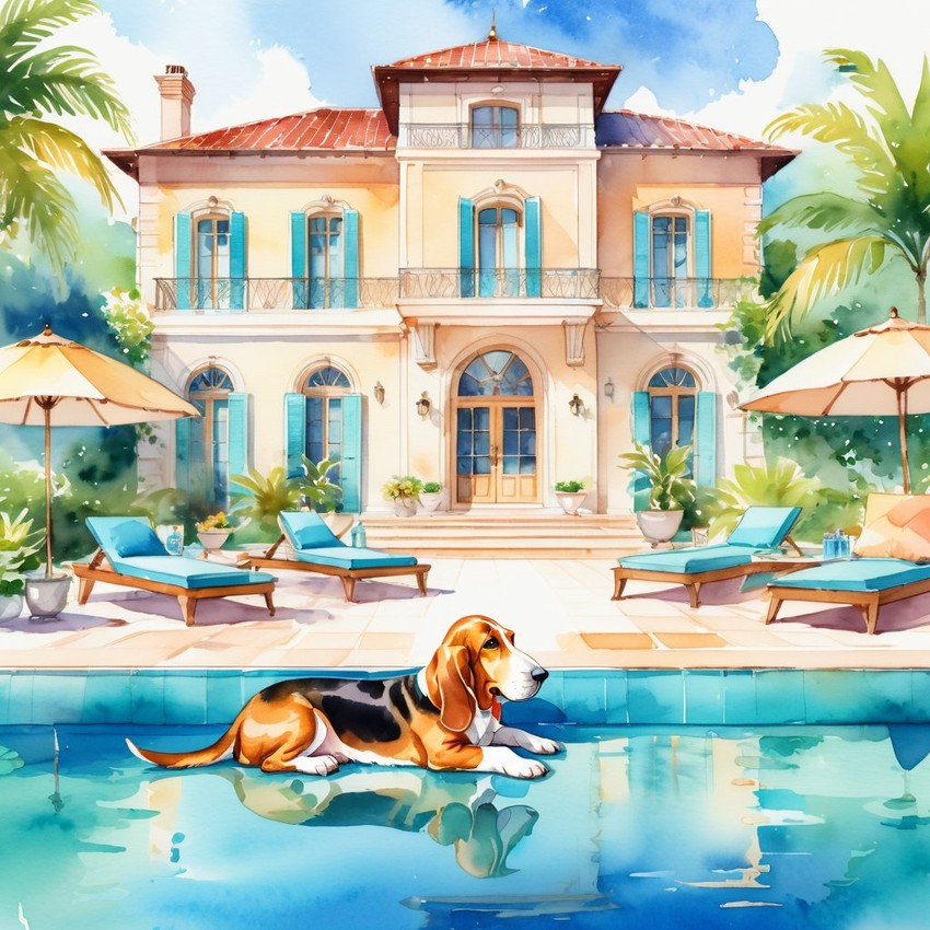 watercolor illustration of basset hound suntanning next to a luxurious villa pool, capturing a posh and vibrant scene.