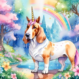 watercolor painting of basset hound as a unicorn in a vibrant fairytale setting, capturing a cute and happy scene with detailed illustration.