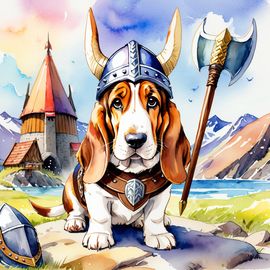 watercolor-basset-hound-viking-armor-helmet-vibrant-environment-329161f8d2704db0a7a190e04ac45acd