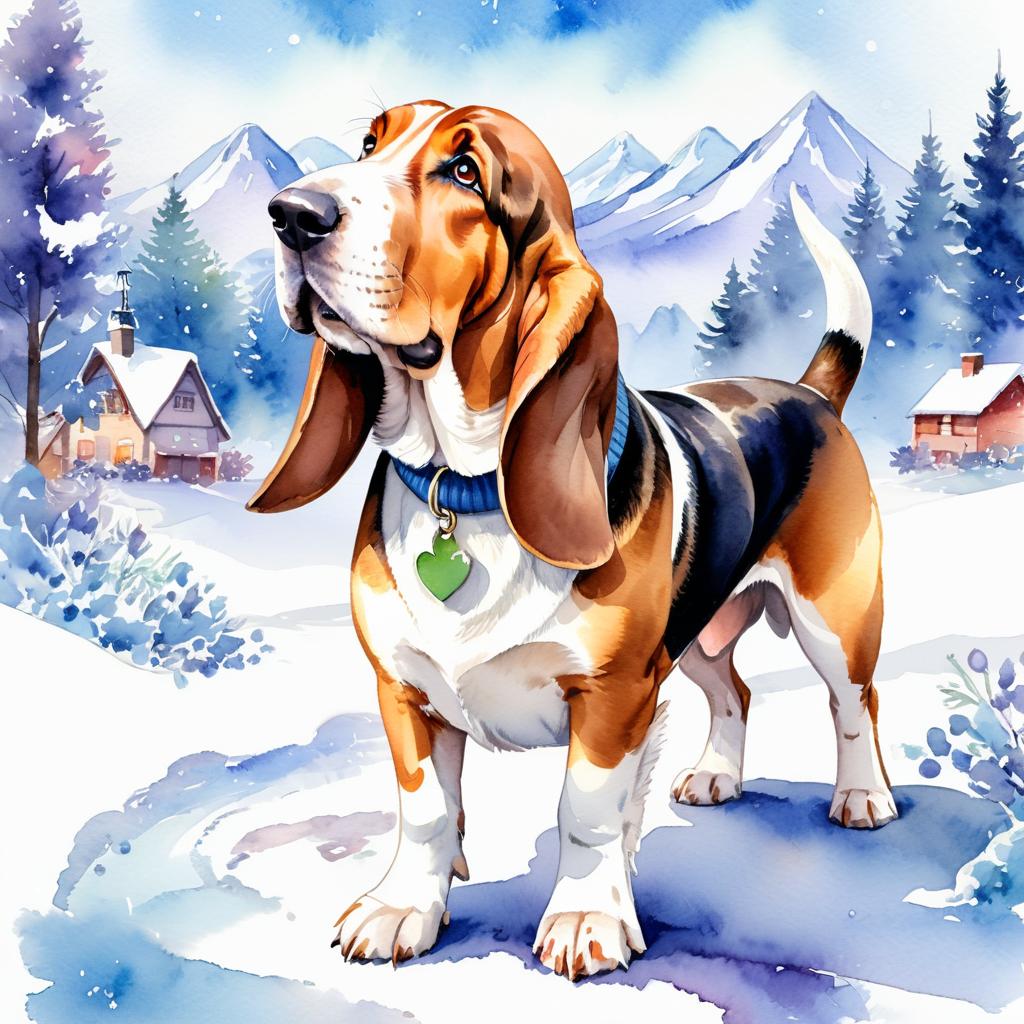 watercolor painting of basset hound in a beautiful winter scene, wearing stylish winter clothing, looking cute and happy.