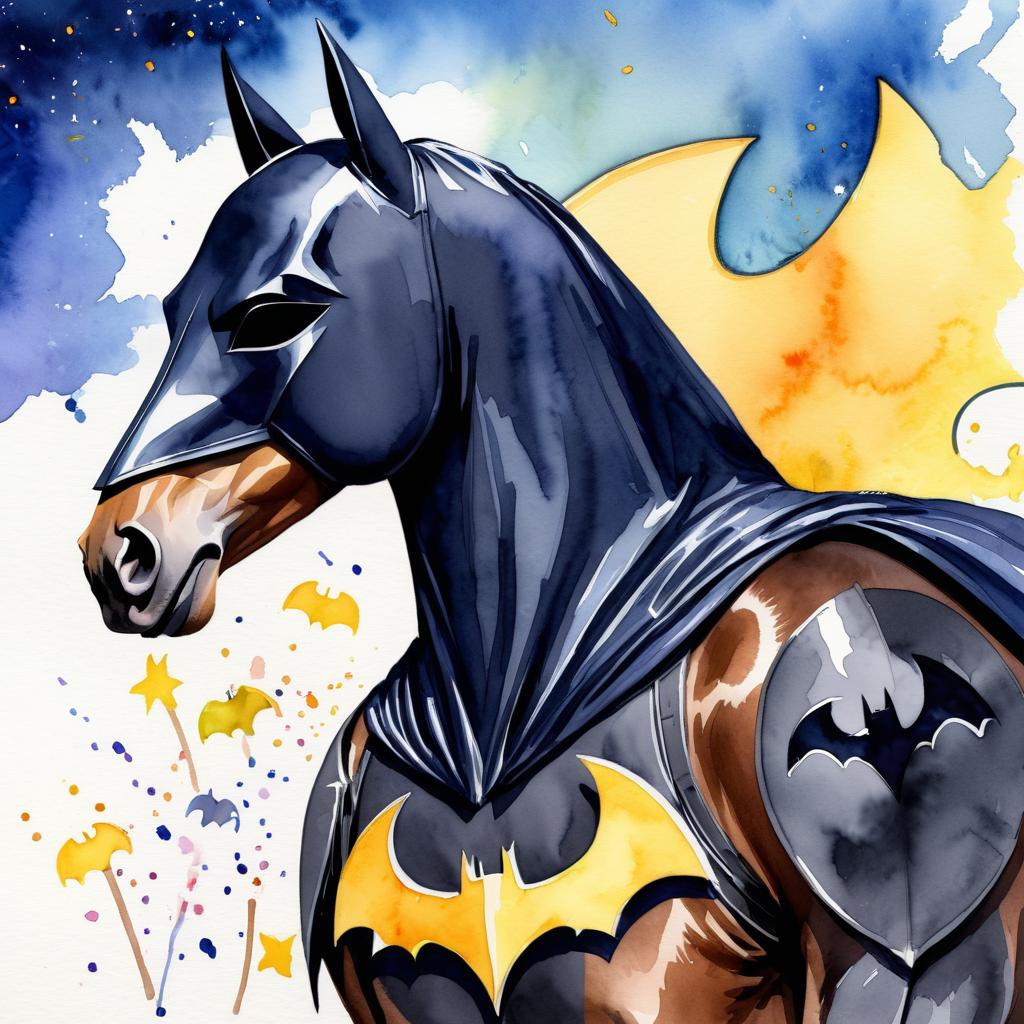 watercolor painting of quarter horse horse as batman, wearing batman suit and mask, vibrant and detailed.