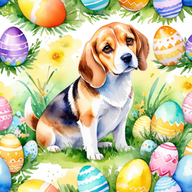 watercolor painting of beagle in a vibrant easter scene with colorful eggs, highly detailed and joyful.