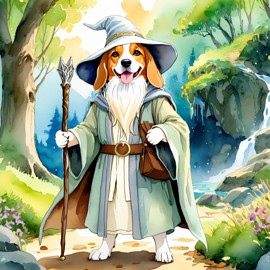 watercolor painting of beagle as gandalf, featuring a white beard and a vibrant fantasy setting.